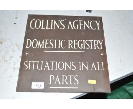 A brass and enamel decorated office plaque "Collins' Agency Domestic Registry Situations in all parts" 11¾ ins x 11½ ins appr