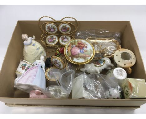 A box of small ceramic items including Coalport ladies, crested ware, Limoges ornaments etc.