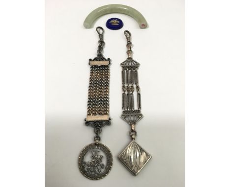 Two white metal chatelaines and a broken jade type bangle