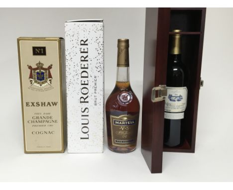 A bottle of Exshaw Cognac, a bottle of V.S Martel Cognac. A bottle of Louis Roederer champagne and a bottle of Chateau Darzac