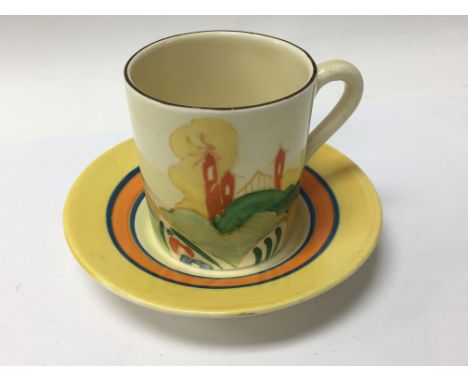 A Clarice Cliff coffee can and saucer alpine style pattern