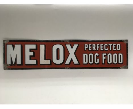 A Melox dog food enamel sign, approx 76cm x 18cm.