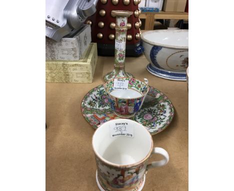 A Cantonese Chinese Export Porcelain candle stick dish and two mugs (4)