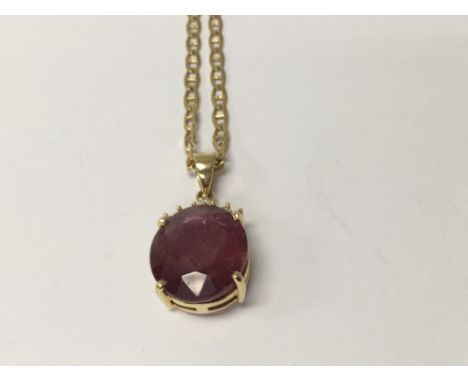 A royal ruby and diamond pendant in gold setting 20.950 ct on attached 9 ct gold chain