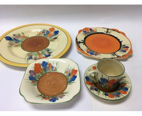 A collection of Clarice Cliff crocus pattern tea ware