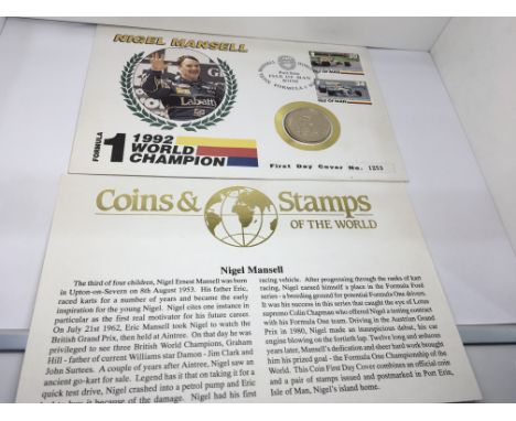 A 1992 World Champion Nigel Mansell First day cover with Isle of Man 8/11/92. Set with a proof 2 pound coin.