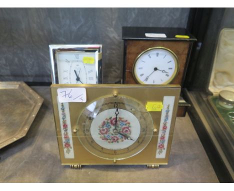 A Victorian ebonised and walnut mantel timepiece clock, with enamel dial, and two other desk clocks (3)