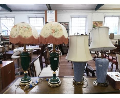 A pair of ceramic table lamps, imitating malachite with gilt handles 50cm high, and a pair of powder blue tapering table lamp