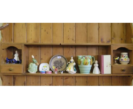Royal Doulton Figures: Elegence HN2264, Grace HN2318, Bedtime HN1978; a Goebel figure of a bluetit, a Royal Worcester figure 