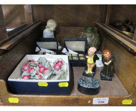 A pair of Royal Doulton figures, Pickwick and Fagin; two sets of six Godinger parcel form menu holders, retailed by Bloomingd