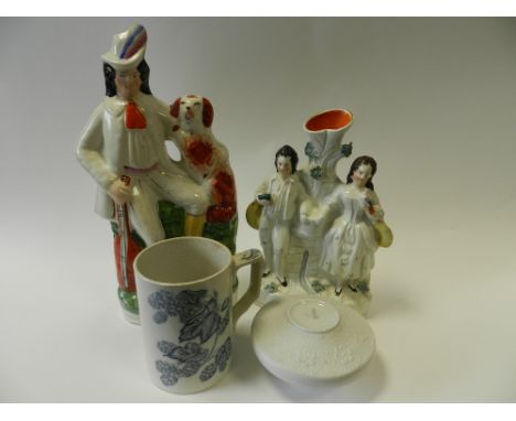 Two trays to include two graduated salt glazed stoneware relief moulded jugs, Staffordshire Highlander figure, Staffordshire 