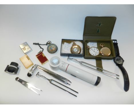 A Fortress automatic gentleman's wristwatch together with a brass and seed pearl set pocket watch, a Dupon gold plated lighte