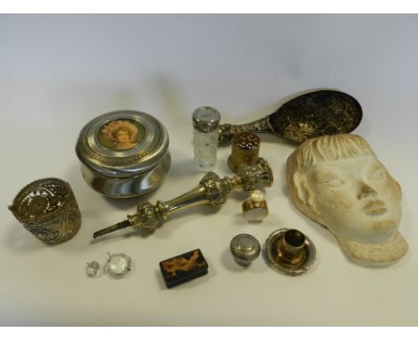 A tray of metal wares including dressing table clocks and glass dressing table jar, also tortoiseshell effect snuff box and p