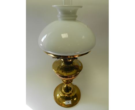 Brass and copper paraffin table lamp with milk glass shade 