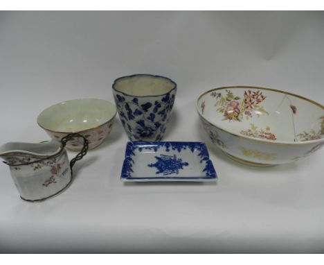 A tray containing a Newhall cream jug (at fault), a pearlware strawberry decorated bowl, a blue transfer printed doll's chamb