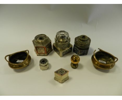 A cloisonne  enamel white metal mounted burner together with two brass bowls raised on three feet along with further metal wa