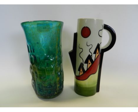 A Lorna Bailey jug in Somerville colour way and a dimpled green and yellow streaked Art Glass vase