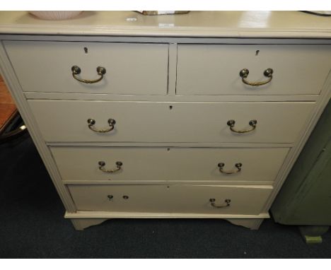 An early 20th century later painted chest of two short over three long drawers raised on shaped bracket feet