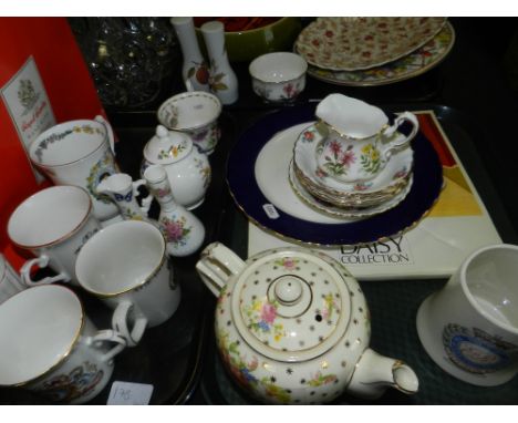 Seven trays to include: decorative china and glass ware, lemonade bottles, WMF Ikora tray, boxed camera, Royal Brierley Wreki