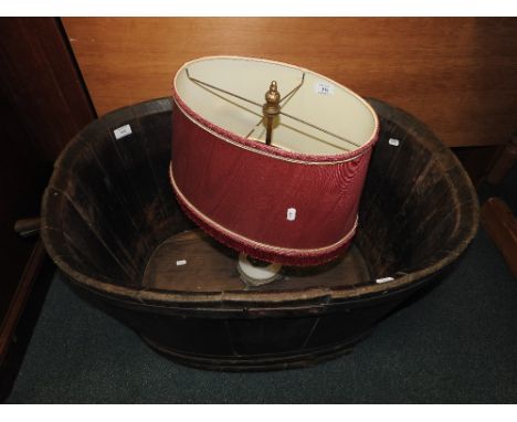 A coopered orchard bin with two handles and a two branch metal period style table lamp