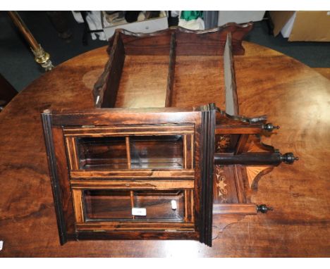 A simulated rosewood corner wall cabinet with classical inlay and a stained pine three height open wall shelf