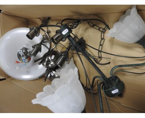 A collection of modern light fittings, some George I style also an owl shaped table lamp, a tortoise shaped coloured glass ta
