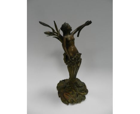 Art Nouveau bronzed figural candlestick of scantily clad maiden (for restoration)