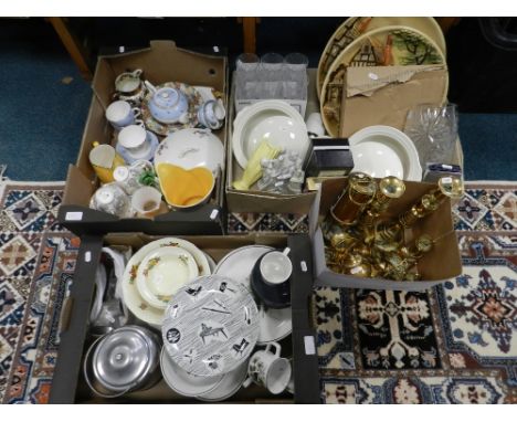 Four boxes of kitchenalia including brass candlesticks, protector lamp 6 x M & O safety lamps, Ridgeway Potteries homemaker p