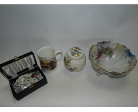 A tray to include a selection of porcelain decanter labels, Silesian bowl, ginger jar and dog tankard 