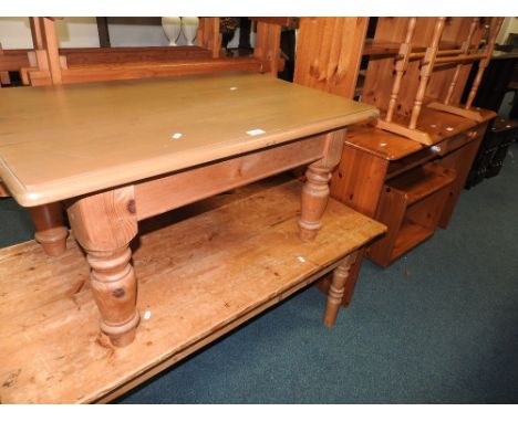 Two pine coffee tables, a pine desk, a towel rail and a shelf unit