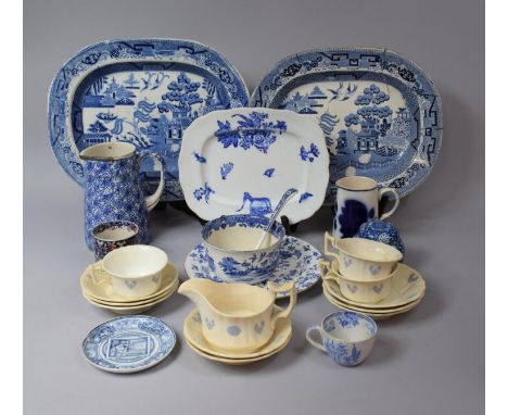 A Collection of Various Blue and White China to comprise Willow Pattern Meat Platters, Delft Lidded Ginger Jar, Transfer Prin