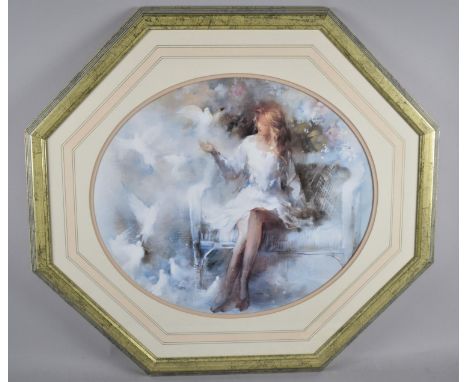 A Large Octagonal Framed Modern Print, Girl with Doves, 53x45cm 