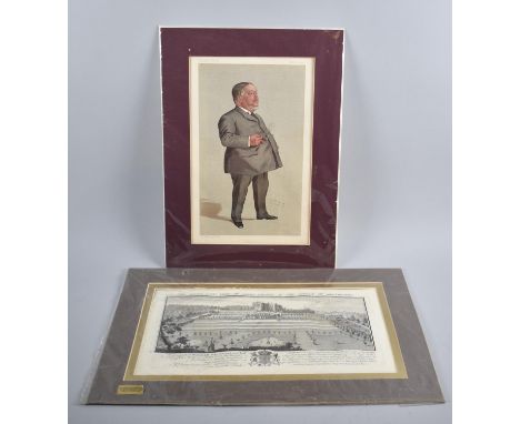 A Mounted but Unframed "Burnley" Spy Print and a Mounted Engraving, "The South East View of Powes Castle in the County of Mon
