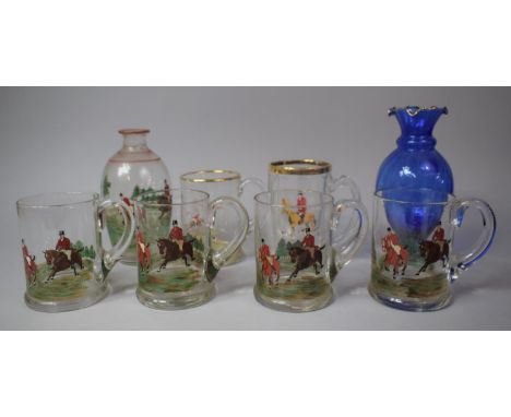 A Collection of Various Hunting Decorated Drinking Glassware to include Set of Four Tankards, Two Other Examples, Decanter to