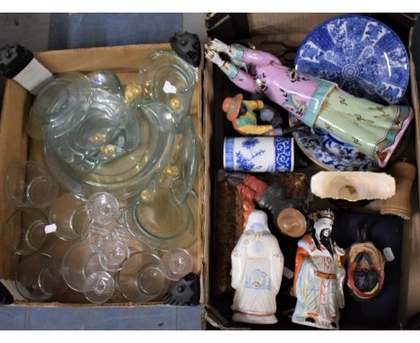 A Box of Glassware and a Box Containing Various Figural Ornaments, Blue and White China Etc 