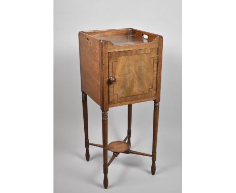 A Georgian Mahogany Pot Cupboard with Galleried Top on Turned Supports and X Stretcher Shelf, 33cm Wide and 81cm high 