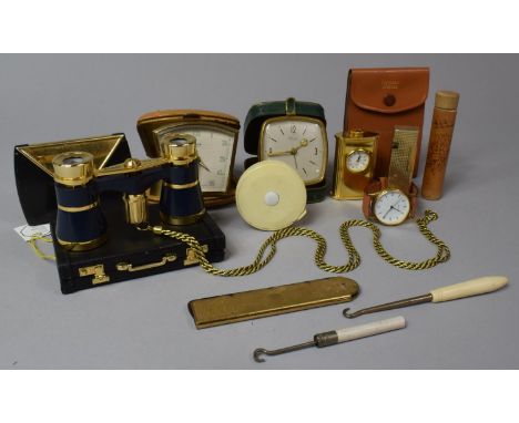 A Collection of Curios to Include Opera Glasses, Miniature Mantle Clock, Travel Clock, Wallet, Button Hooks etc 