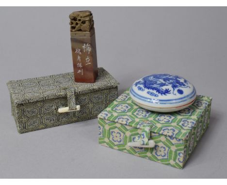 A Chinese Seal Set to Comprise Boxed Soapstone Seal Together with a Boxed Blue and White Pot Containing Red Wax 