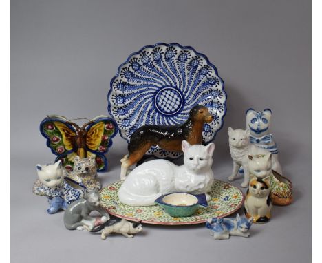 A Collection of Various Continental Items to comprise Cat Ornament, Charger, Meat Dish, Butterfly Wall Pocket, Nao Cat Orname