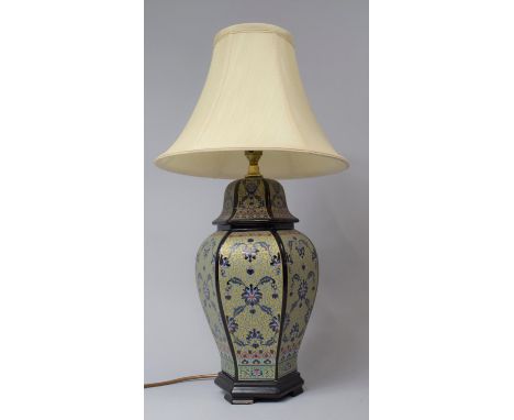 An Oriental Style Ceramic Hexagonal Table Lamp in the Form of a Vase, Complete with Shade, 56cm high 