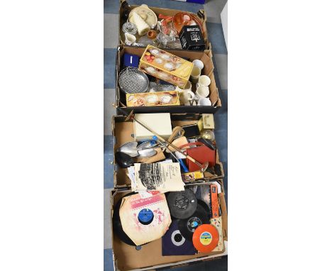 Four Boxes of Sundries to include China and Glassware, Kitchenware, Records, Boxing Programs 1969, Mantel Clocks, Shoe Stretc