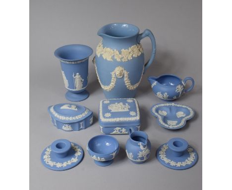 A Collection of Nine Pieces of Wedgwood Jasperware to comprise Vase, Jugs, Lidded Pots, Candle Holders Together with a Jasper