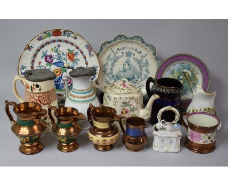 A Collection of Various 19th Century and Later China to comprise Pewter Mounted Water Jug, Lustre Jugs, Jackfield Jug, Transf