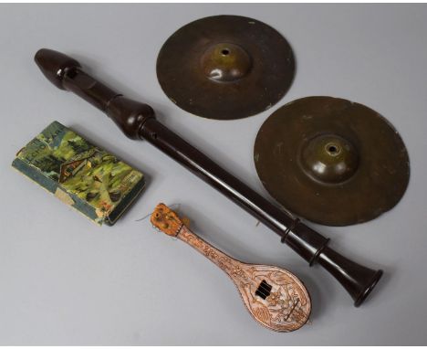 A Vintage Hohner Harmonica, Recorder, Miniature Mandolin and a Pair of Small Cymbals 