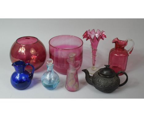 A Collection Of Various 19th Century and Later Coloured Glass Ware To Comprise Cranberry Glass Vase, Jug, Moulded Glass Teapo