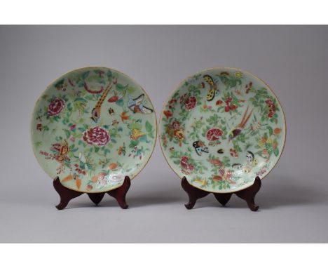 Two 19th Century Chinese Celadon Glaze Export Plates with Applied Enamels in the Famille Rose Pallet Depicting Birds, Insects