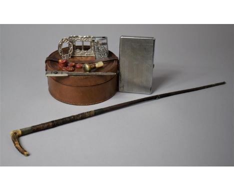 A Child's Horn Handled Riding Whip Together with a Leather Collar Box Containing Cigarette case, Buttons, Photo Frames etc 