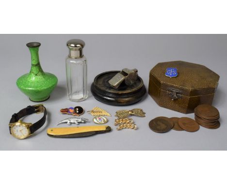 A Collection of Sundries to Include Green Enamelled Vase (Neck AF), Acme Thunderer Whistle, Wrist Watch, Travelling Powder Co