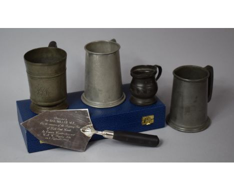 A Collection of Four Pewter Tankards together with a Cased Presentation Trowel Presented to Sir H Miller M.P on the Occasion 