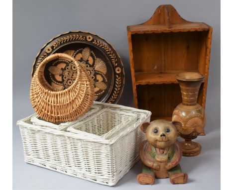 A Box Containing Wooden Charger, Vase and Wall hanging Storage Shelf together with a Carved Teddy Bear and Two Wicker Baskets